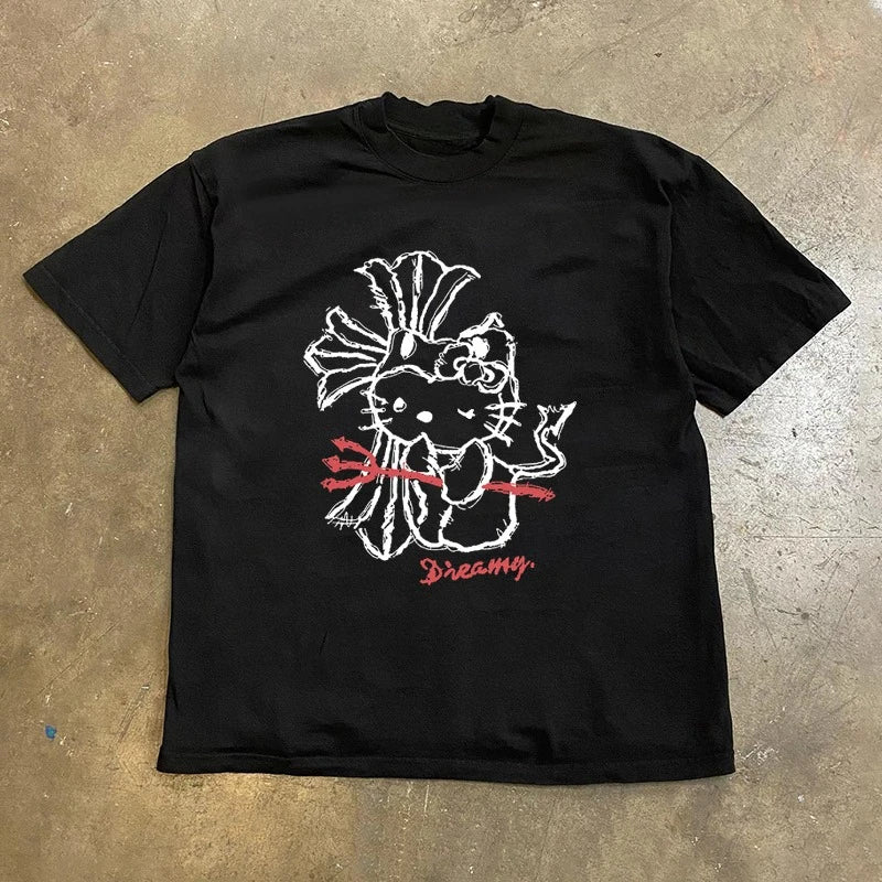 Black t-shirt with a white graphic design on a beige surface