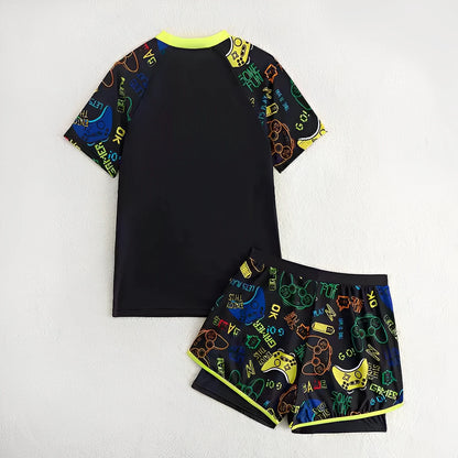 Black children's t-shirt and shorts set with colorful graphics on a white background