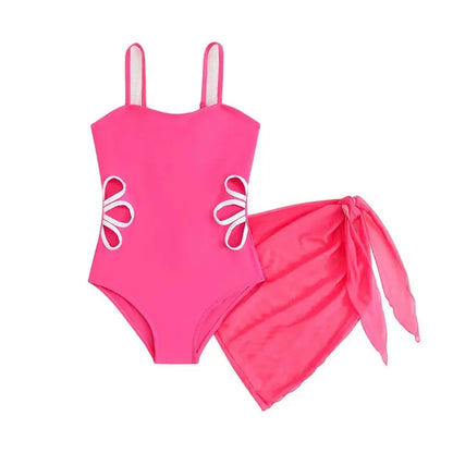 Pink two-piece swimsuit with floral design on a white background