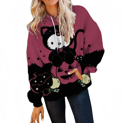 Halloween-themed hoodie with cat and pumpkin design on a white background