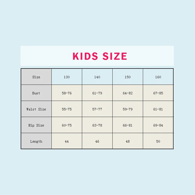 Kids size chart with measurements on a light blue background