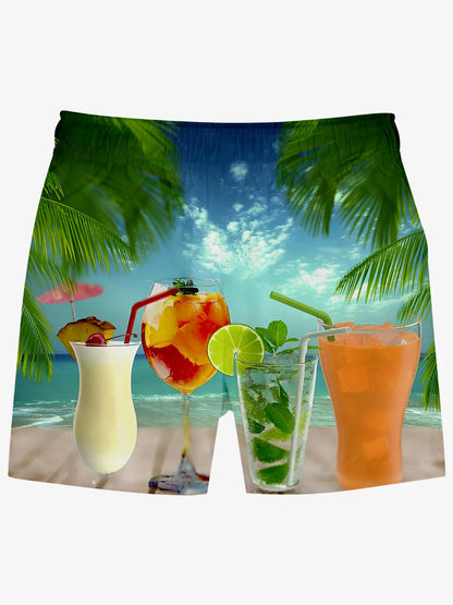 Beach shorts with a design of tropical drinks and palm trees.