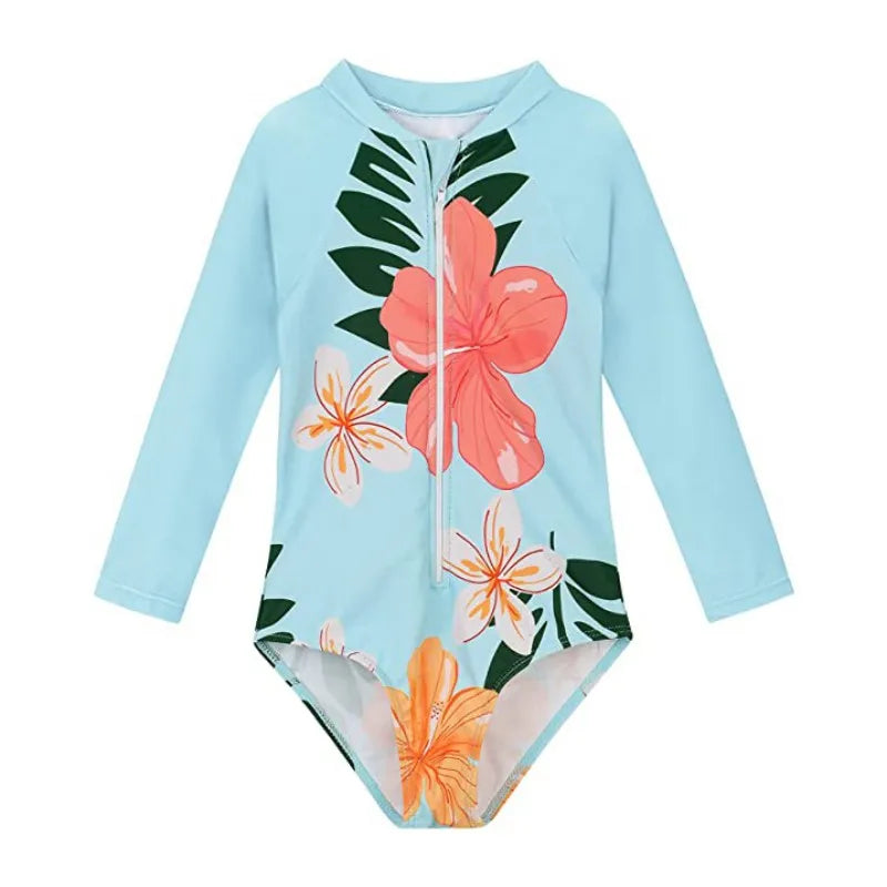 Children's swimsuit with floral design on a light blue background