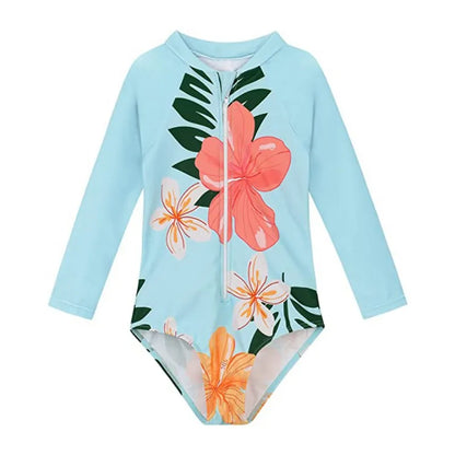 Children's swimsuit with floral design on a light blue background