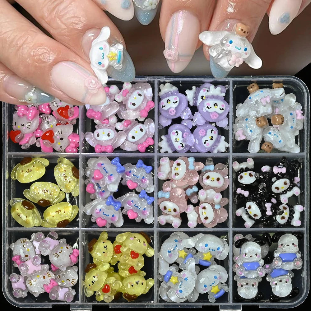 Box of small decorative items resembling cartoon characters with a hand interacting with them.