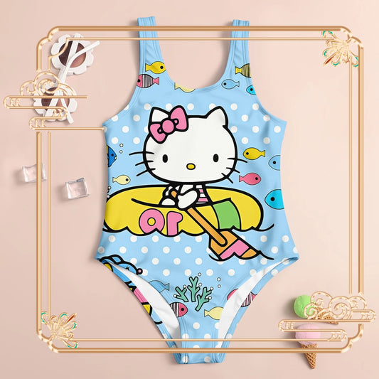 Children's swimsuit with Hello Kitty design on a decorative background