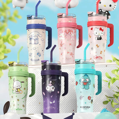 Collection of colorful tumblers with cartoon character designs on a white background.