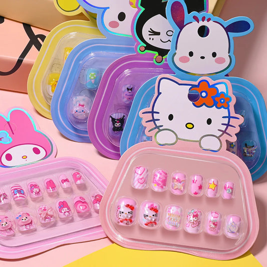 Set of colorful nail polish sets with cartoon characters on a pink background