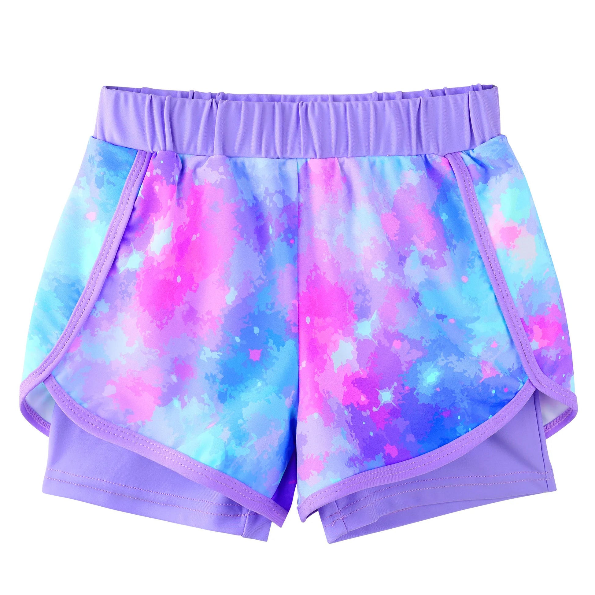 Colorful tie-dye shorts with a purple waistband on a white background