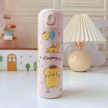 White thermos bottle with cartoon dog design on a light surface