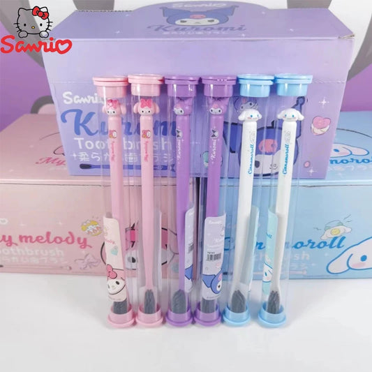 Set of cartoon-themed toothbrushes with packaging featuring Sanrio characters on a white background.