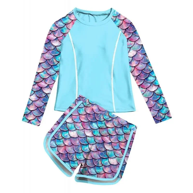 Two-piece swimsuit with mermaid scale pattern on a white background