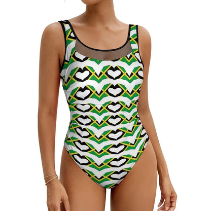 One-piece swimsuit with geometric pattern on a white background