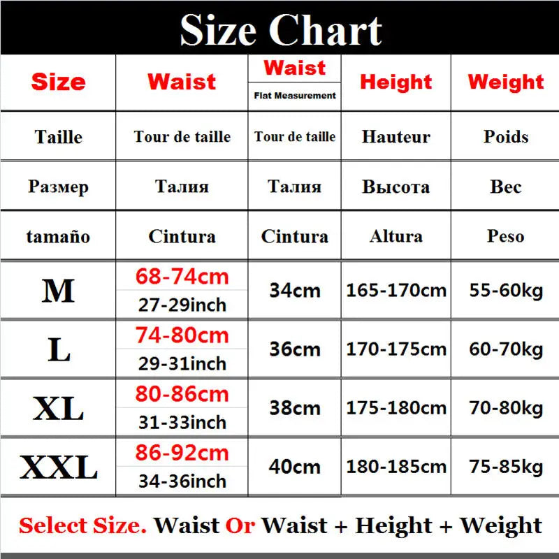 Size chart for clothing with waist, height, and weight measurements in multiple languages.