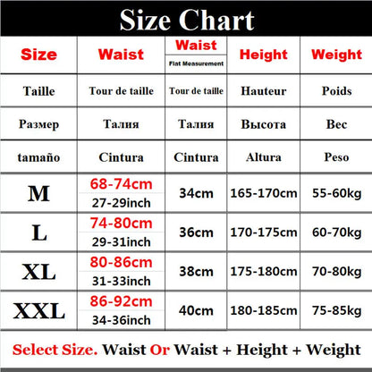 Size chart for clothing with waist, height, and weight measurements in multiple languages.