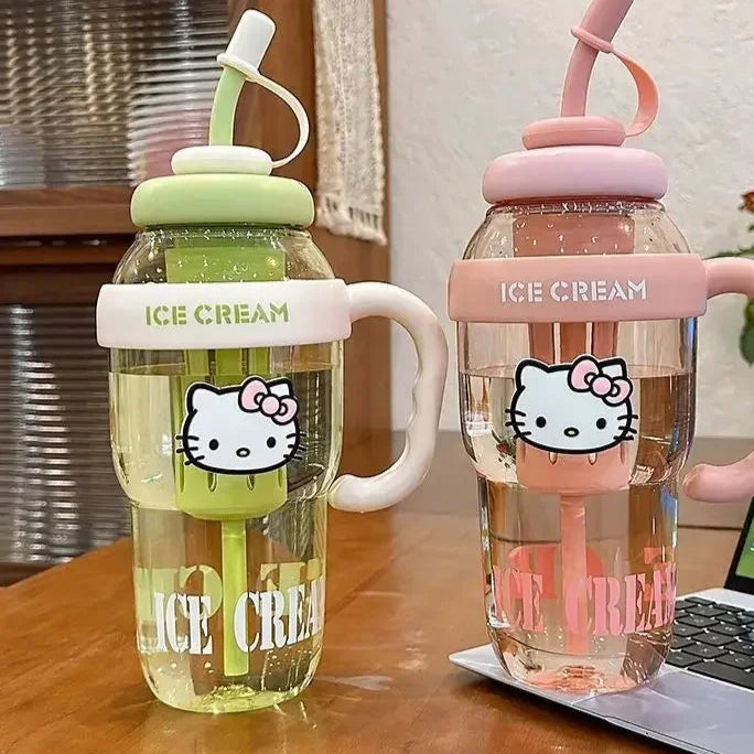 Two ice cream-themed water bottles with Hello Kitty design on a wooden table.