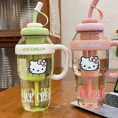Two ice cream-themed water bottles with Hello Kitty design on a wooden table.