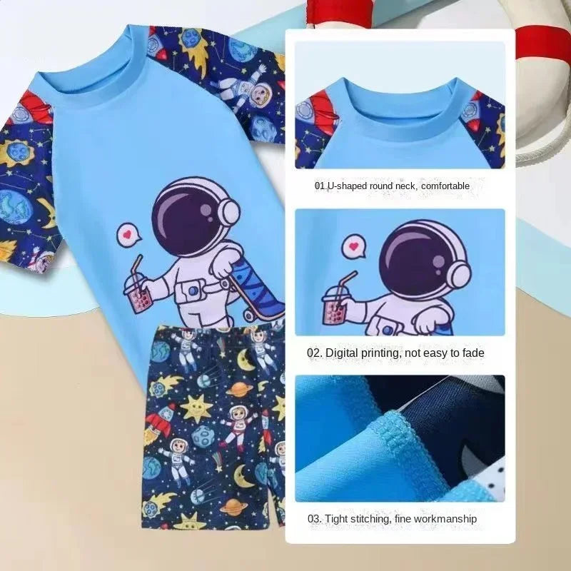 Children's outfit with space-themed design on a beige background