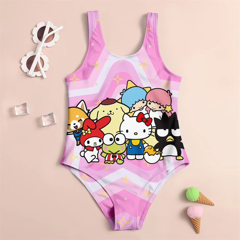 Children's swimsuit with cartoon character print on a beige background