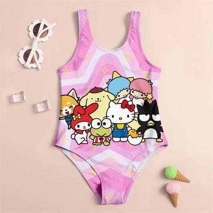 Children's swimsuit with cartoon character print on a beige background