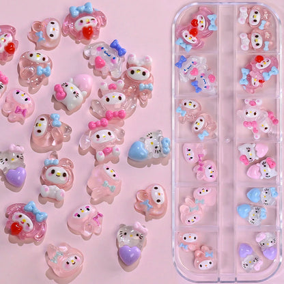 Set of cute cartoon character nail art stickers in a clear case on a pink background
