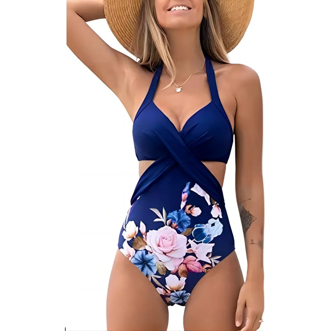 Woman wearing a blue floral one-piece swimsuit on a white background