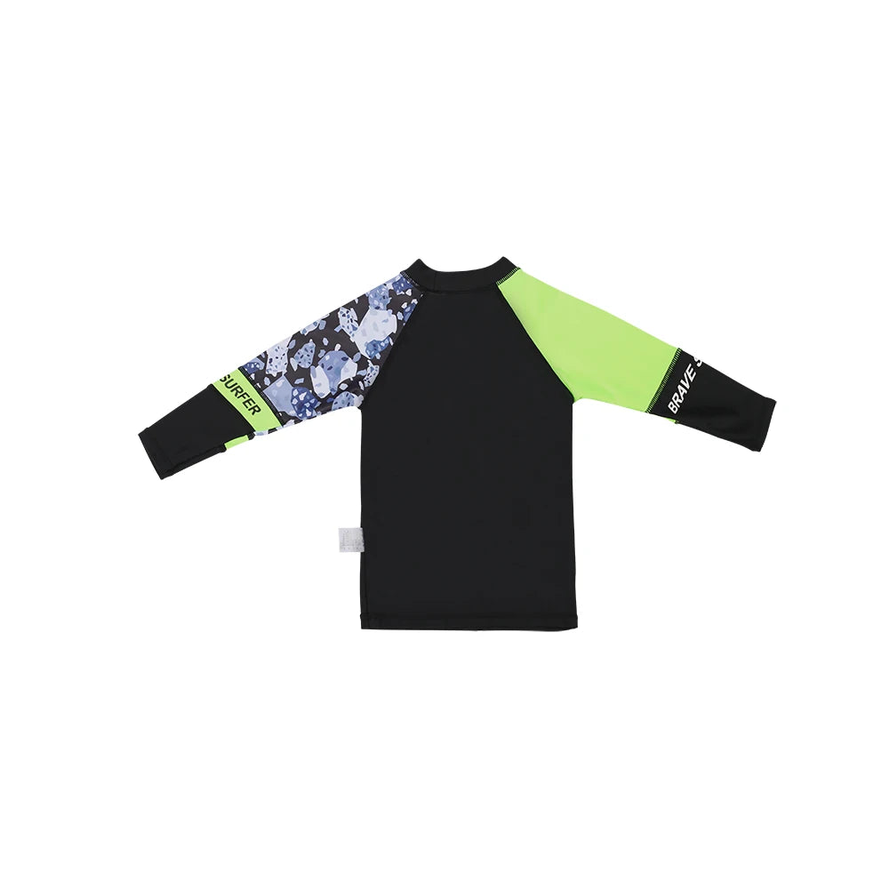 Black long-sleeve shirt with colorful sleeves on a white background