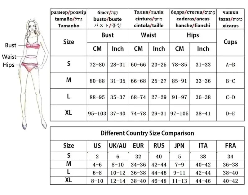 Size chart for women's clothing with measurements in centimeters and inches, and a comparison of different country sizes.