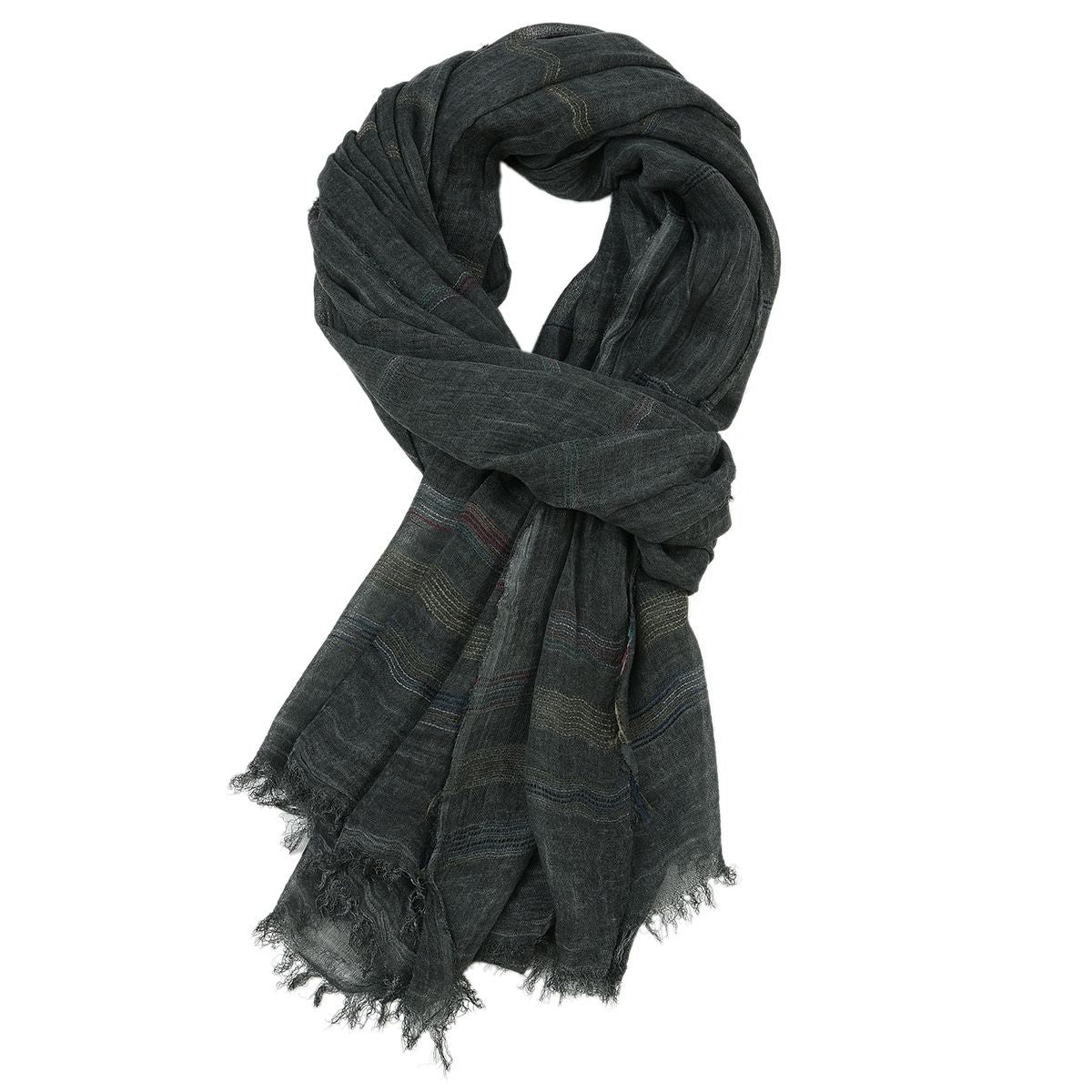 Chic Striped Cotton Linen Scarf in a deep charcoal color, providing a chic accent to any outfit. This lightweight scarf is an essential item for layering in any climate. Winter Hats And Scarves.