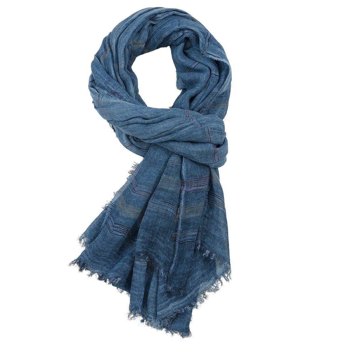 Chic Striped Cotton Linen Scarf displayed in a stylish blue color, perfect for adding a fashionable touch to your outfit. Ideal for all seasons, this lightweight scarf is a must-have accessory for any wardrobe. Winter Hats And Scarves.