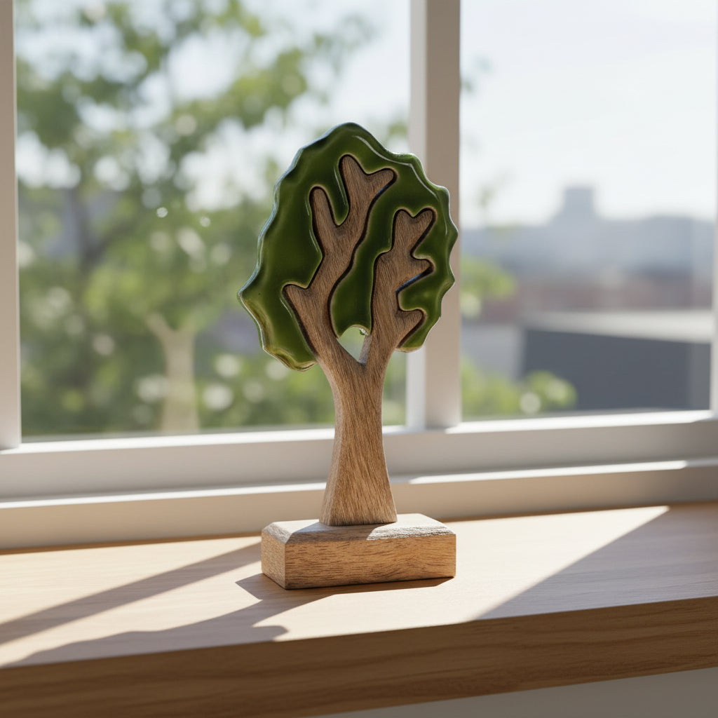 Front view of the Lost In The Forest - Handcrafted Wooden Tree Decoration, emphasising the charming green and wooden aesthetic that brings warmth to any festive occasion. A delightful option for {{scent}} {{product_type}} – Christmas Gift Home Fragrance.