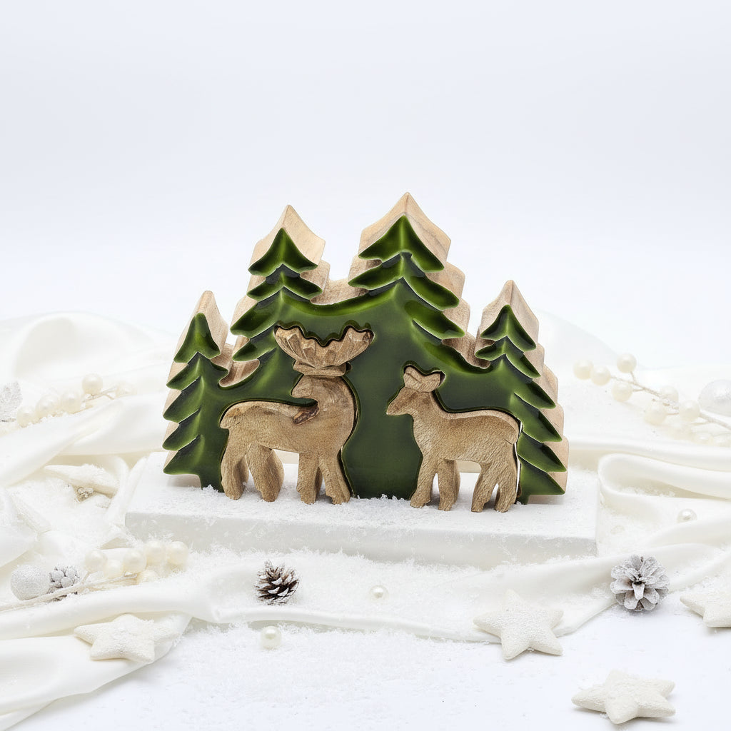 Lost in The Forest 3D Wooden Deer Decoration 18x23cm featuring a charming scene of two deer surrounded by lush green fir trees, making it a wonderful Christmas gift that enhances home fragrance and decor.