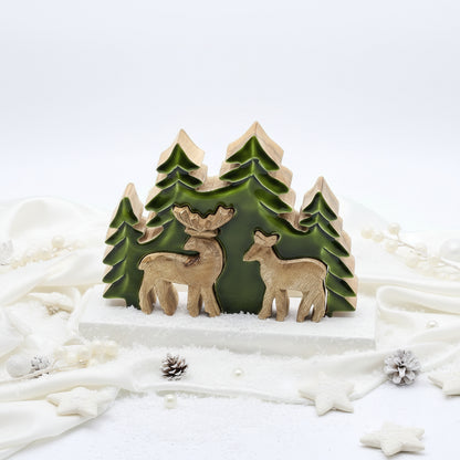 Lost in The Forest 3D Wooden Deer Decoration 18x23cm featuring a charming scene of two deer surrounded by lush green fir trees, making it a wonderful Christmas gift that enhances home fragrance and decor.