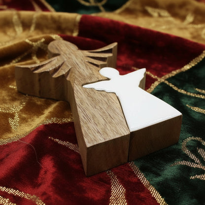 Mango Wood Angel Decorative Sculpture showcasing a hand-carved design with a smooth white enamel finish, perfect for Christmas gift home décor.