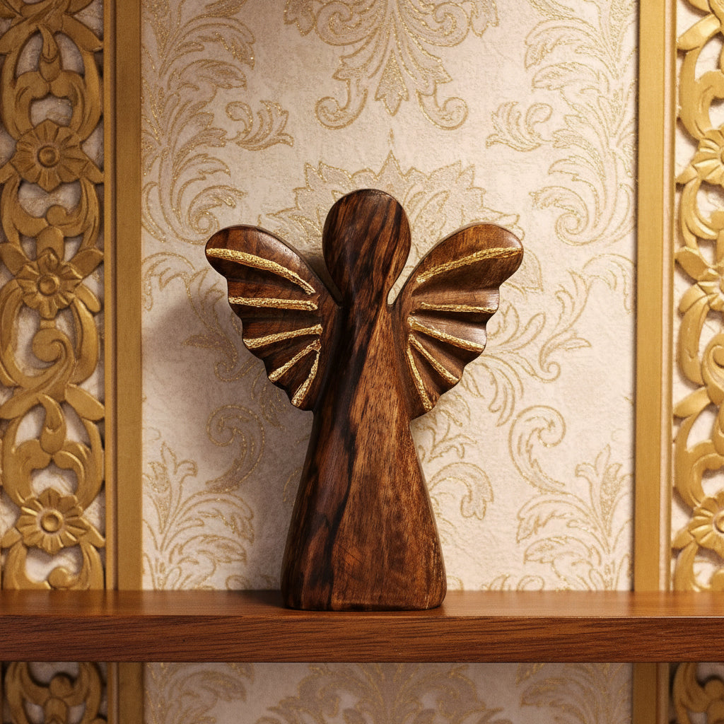Handcrafted 19cm Mango Wood Angel With Gold Wings displayed among home decor, adding a warm touch to festive settings, an ideal Christmas Gift Home Fragrance.