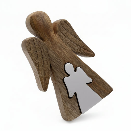 Mango Wood Angel Figurine with White Enamel - 15cm Gift showcasing an angel figure lovingly embracing a smaller one, perfect as a {{scent}} {{product_type}} – Christmas Gift Home Fragrance for festive décor.