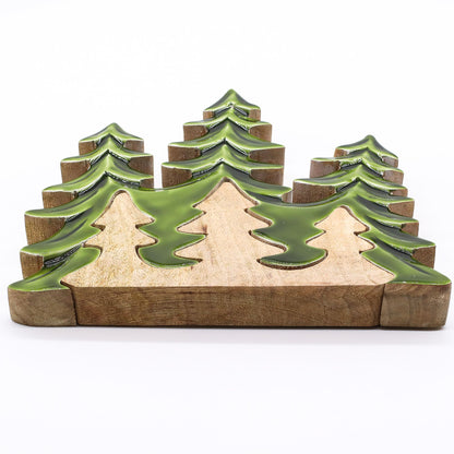Back view of the Lost In The Forest - Three Trees 3D Wooden Decoration - 20x23cm to show rustic contrasts of wood and vibrant green enamel, making it a wonderful centerpiece for your festive gatherings. A delightful Christmas Gift Home Fragrance.