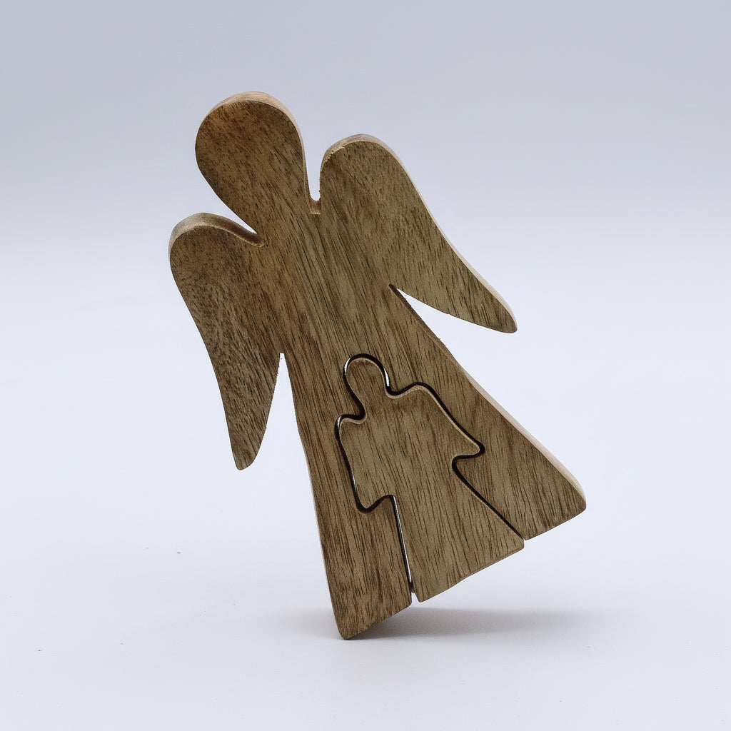 Mango Wood Angel Figurine with White Enamel - 15cm Gift displayed from the front, highlighting its unique design and craftsmanship. A thoughtful choice for a Christmas Gift Home Fragrance.