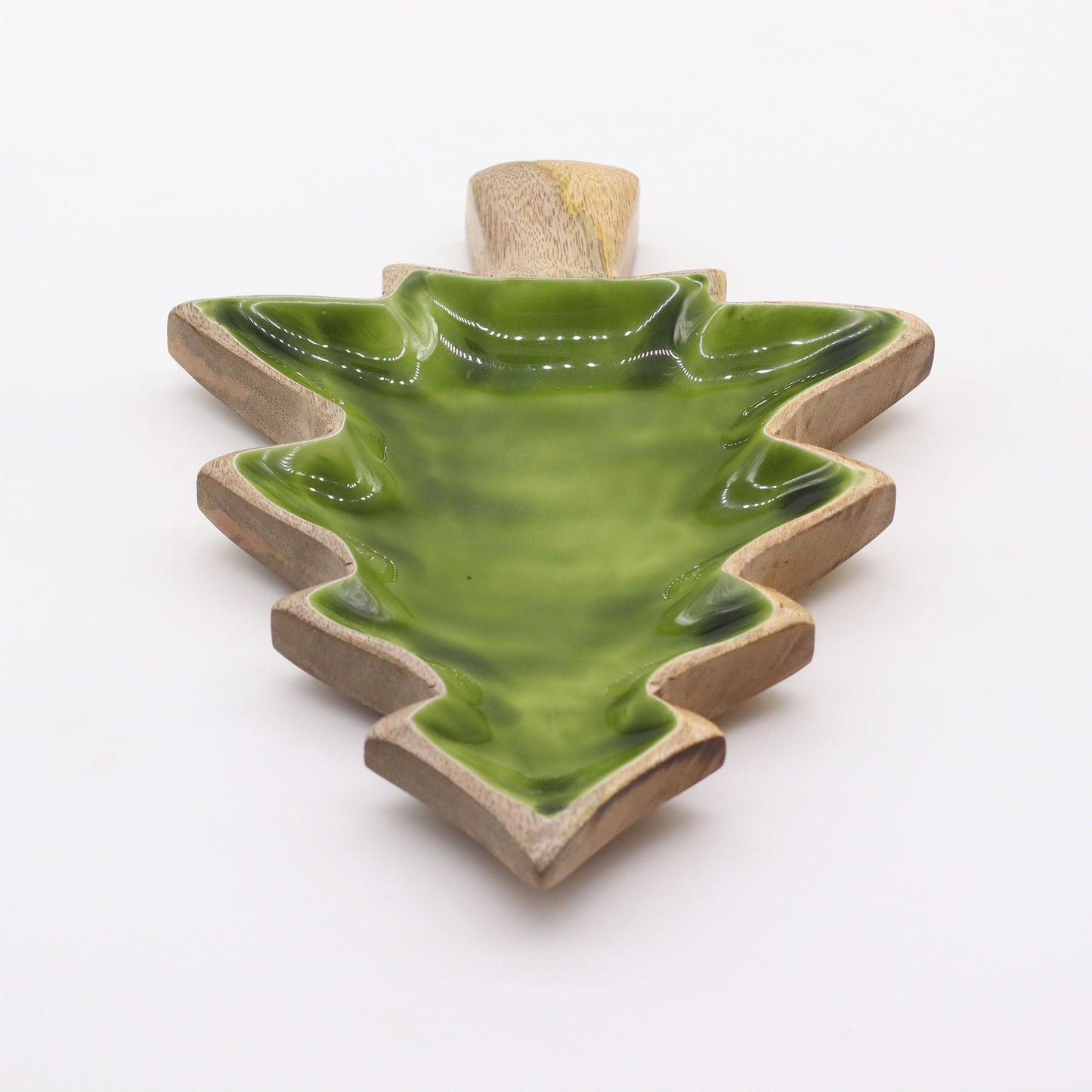 Top view of the Enamel Tree Wooden Bowl, highlighting its vibrant green enamel and rustic wooden finish, making it a charming addition to any holiday table. A great Christmas gift for those who cherish home fragrance.