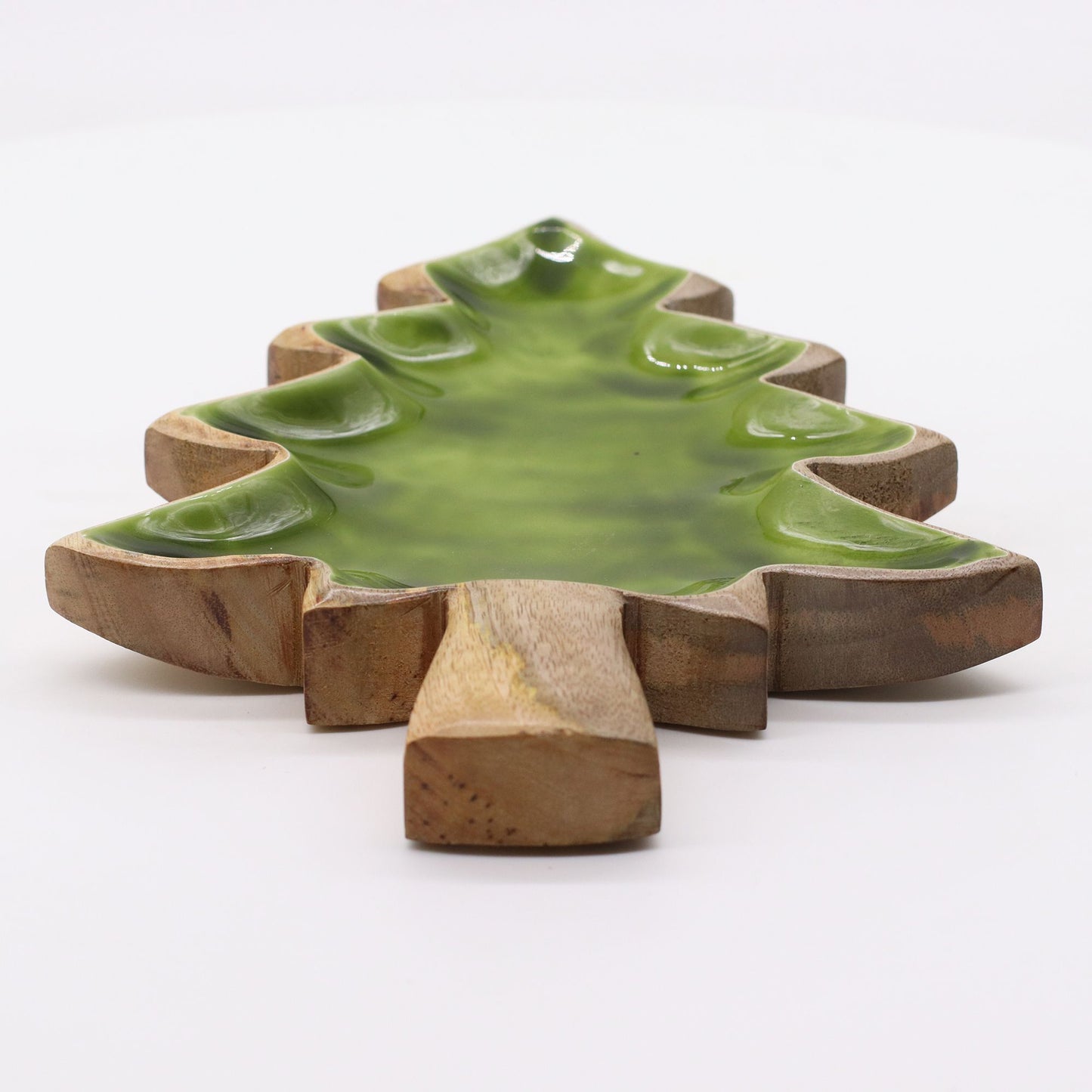 Enamel Tree Wooden Bowl showcasing its unique tree shape and glossy green interior, perfect for festive decor and cozy homes. This enchanting product is an ideal Christmas gift for home fragrance lovers.