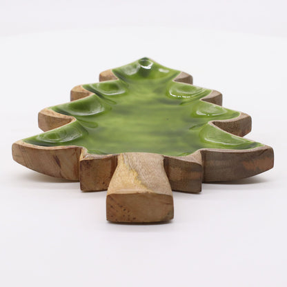 Enamel Tree Wooden Bowl showcasing its unique tree shape and glossy green interior, perfect for festive decor and cozy homes. This enchanting product is an ideal Christmas gift for home fragrance lovers.