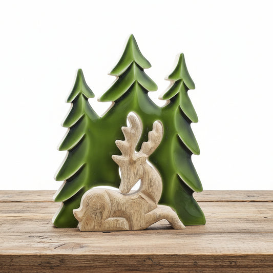 Stag in the Forest 3D Wooden Decoration showcasing a handcrafted stag resting under vibrant green trees, perfect for cozy home decor. Ideal for festive occasions and a thoughtful Christmas gift.