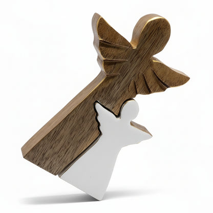 Mango Wood Angel Decorative Sculpture featuring a hand-carved design with a white enamel finish, perfect for Christmas Gift Home Fragrance.