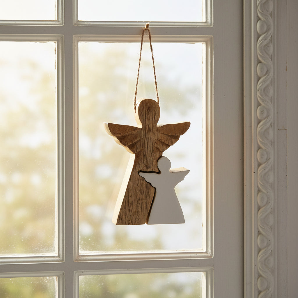 Back view of the Mango Wood Angel Decorative Sculpture showcasing its detailed craftsmanship, ideal for adding warmth to your holiday décor as a Christmas Gift Home Fragrance.