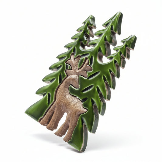 Woodland Stag 3D Wooden Decoration - Eco-Friendly Art for Homes featuring a proud stag among intricately carved green trees. Perfect for festive displays and as a {{scent}} {{product_type}} – Christmas Gift Home Fragrance.