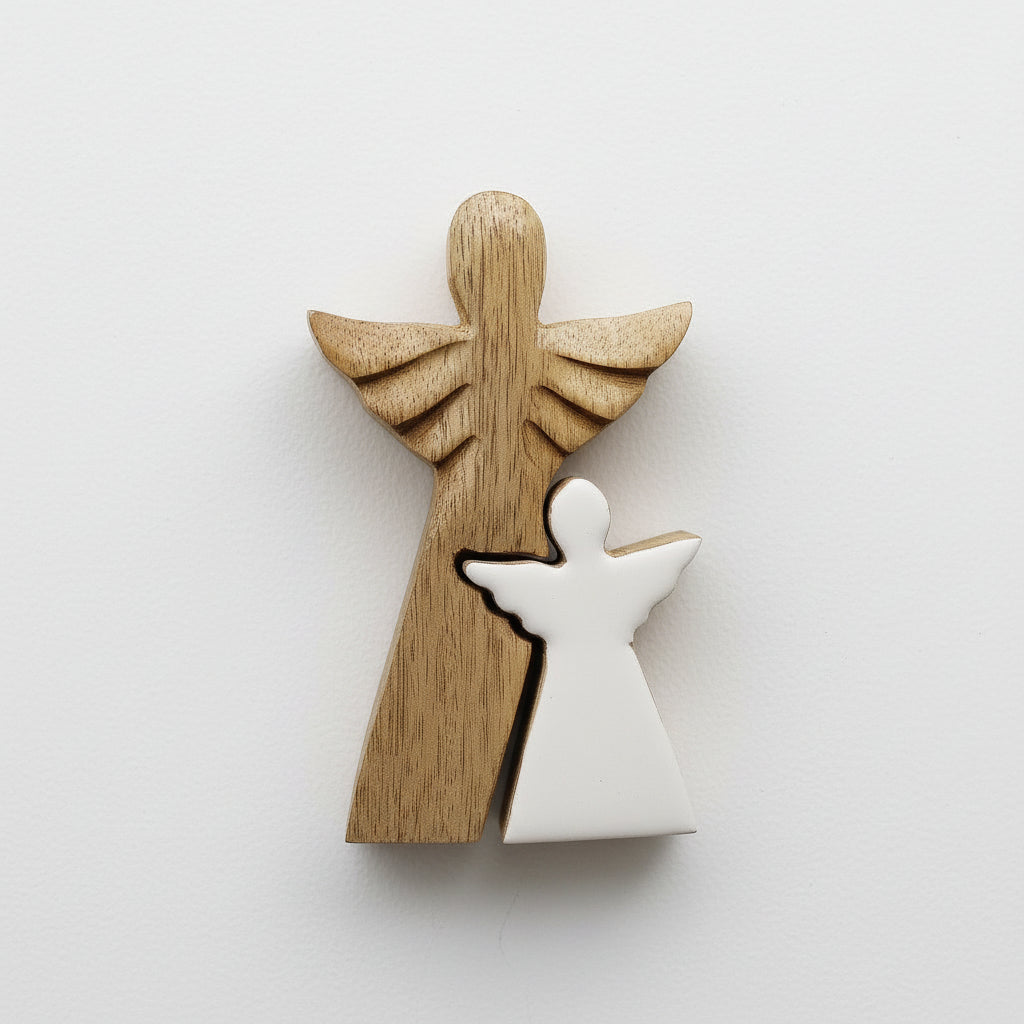 Side perspective of the Mango Wood Angel Decorative Sculpture, highlighting its elegant design, suitable for any home décor as a Christmas Gift Home Fragrance.
