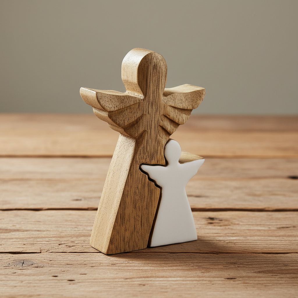 Mango Wood Angel Decorative Sculpture featuring a double-angel motif, ideal for enhancing your home as a Christmas gift home fragrance accent.