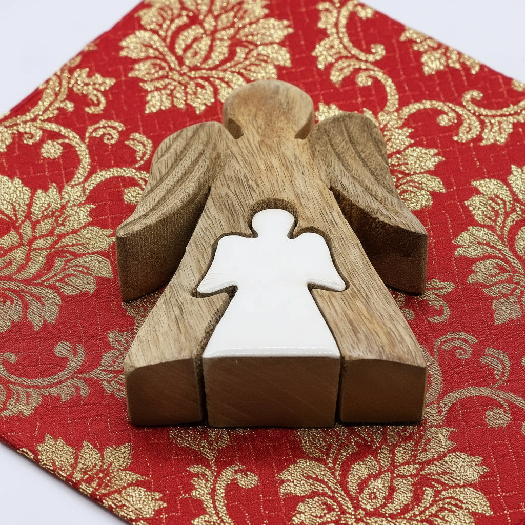 Mango Wood Angel Figurine with White Enamel - 15cm Gift viewed from a top angle, emphasising its elegant silhouette. Perfect for a Christmas Gift Home Fragrance to bring warmth to any home.