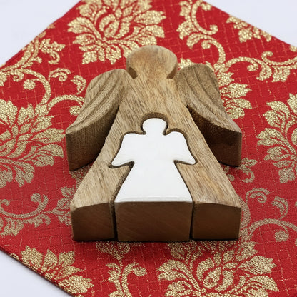 Mango Wood Angel Figurine with White Enamel - 15cm Gift viewed from a top angle, emphasising its elegant silhouette. Perfect for a Christmas Gift Home Fragrance to bring warmth to any home.