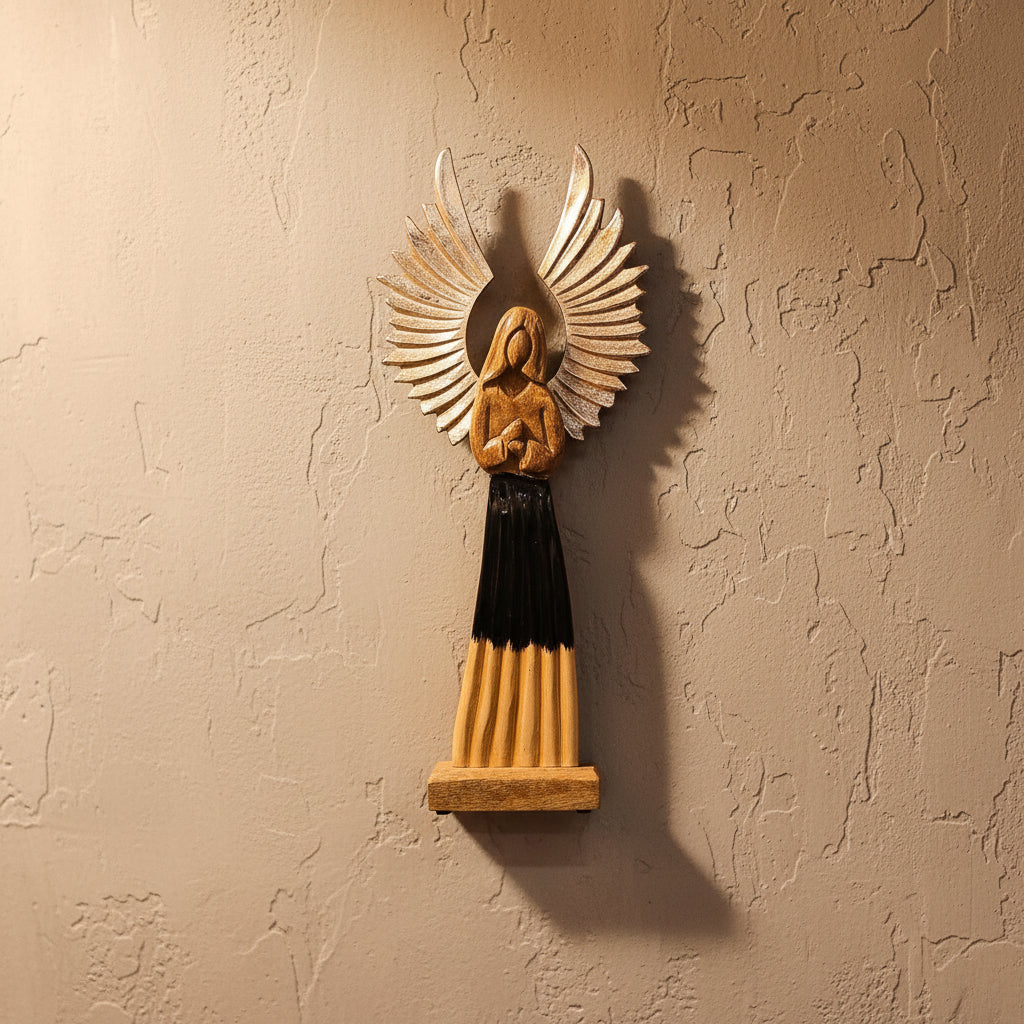 Hand-Carved 40Cm Mango Wood Guardian Angel With Metal Wings displayed in a charming setting. This unique angel combines elegance and spiritual depth, perfect as a Christmas Gift for enhancing home ambiance.